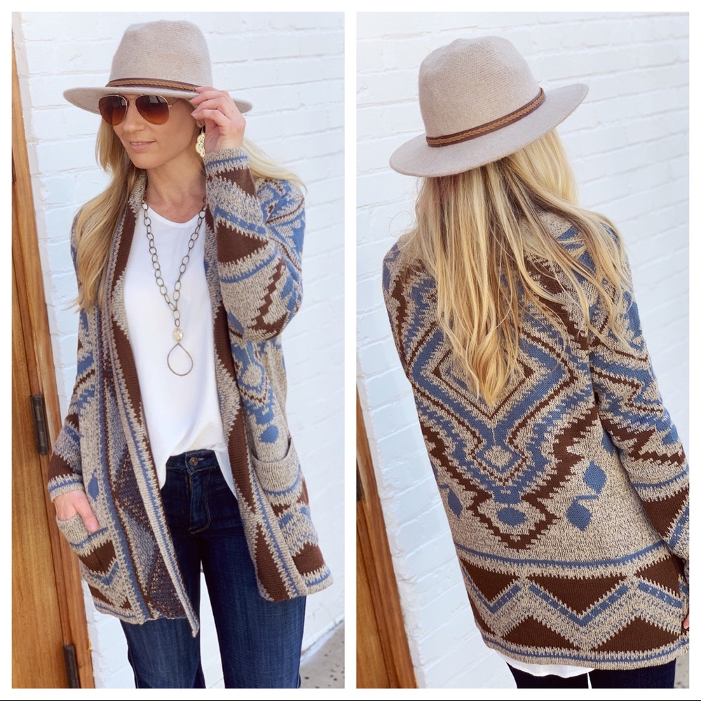 TIME TO KNOW AZTEC CARDIGAN- MOCHA AND BLUE